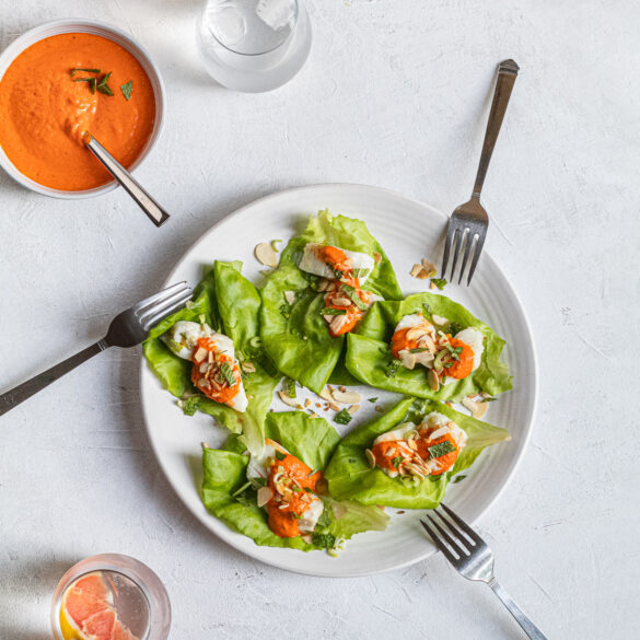 Lettuce cups with halibut and Romesco sauce